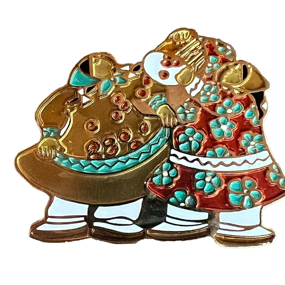 Barbara Lavallee Folk Art Enamel Brooch – Whimsical Alaskan Style Gold-Tone Pin